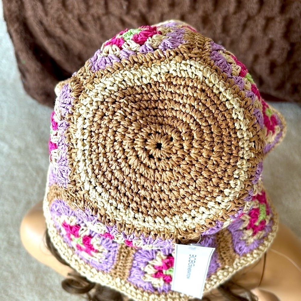 Brand New BCBGeneration Straw Woven Hat Crochet Patchwork Floral Floppy Beach - Picture 8 of 15